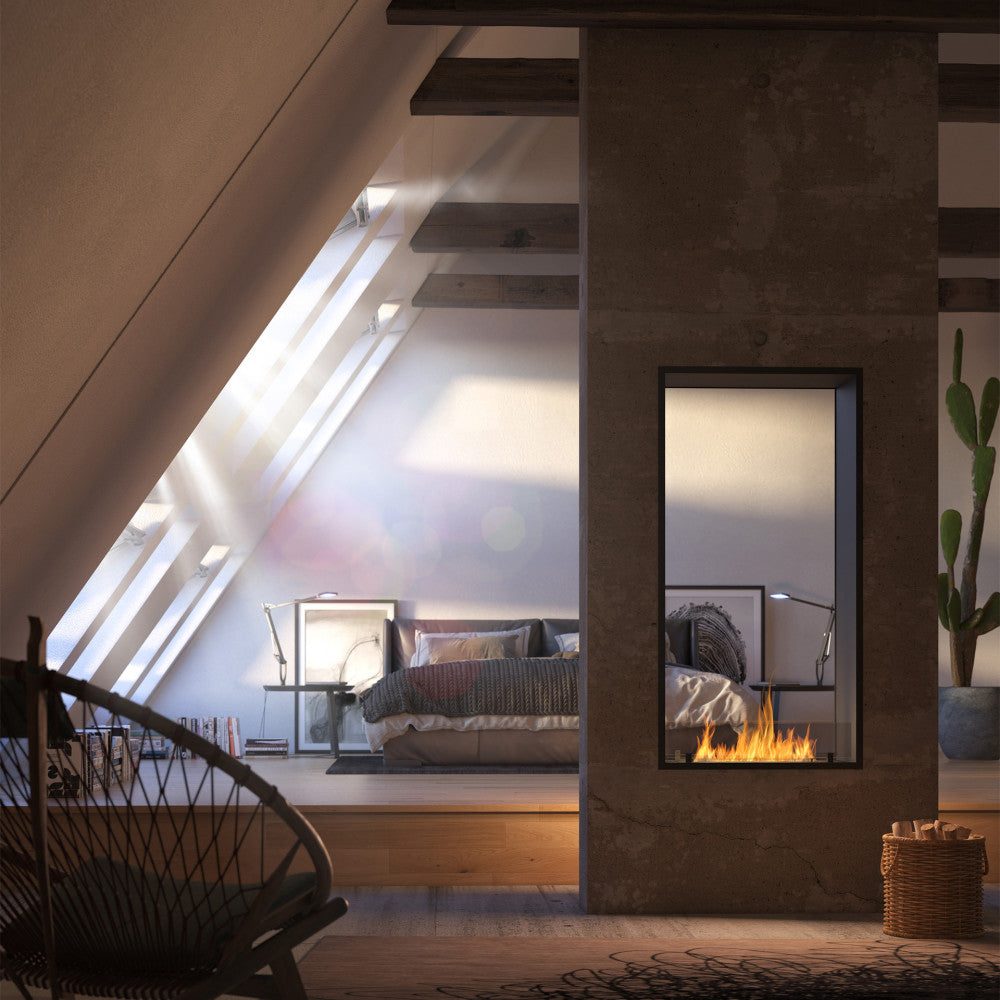 Two-sided built-in bioethanol fireplace insert with a clean, modern design, visible flame on both sides, ideal for open-plan interiors.