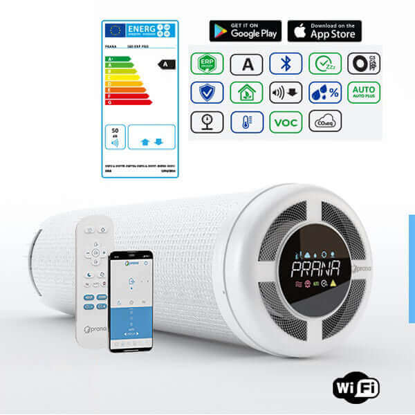 Recuperator PRANA 210G ERP PRO MINI with remote control and app features for energy-efficient ventilation.