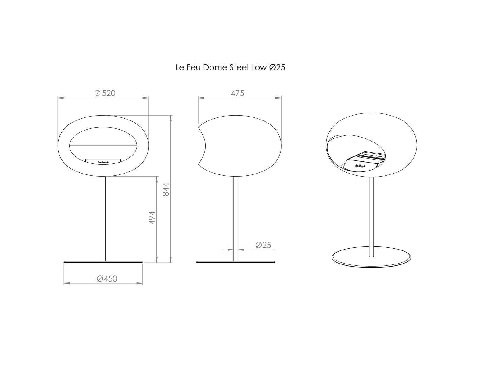 Technical drawing of Le Feu Dome Low Steel Bioethanol Fireplace, showcasing dimensions and sleek design.