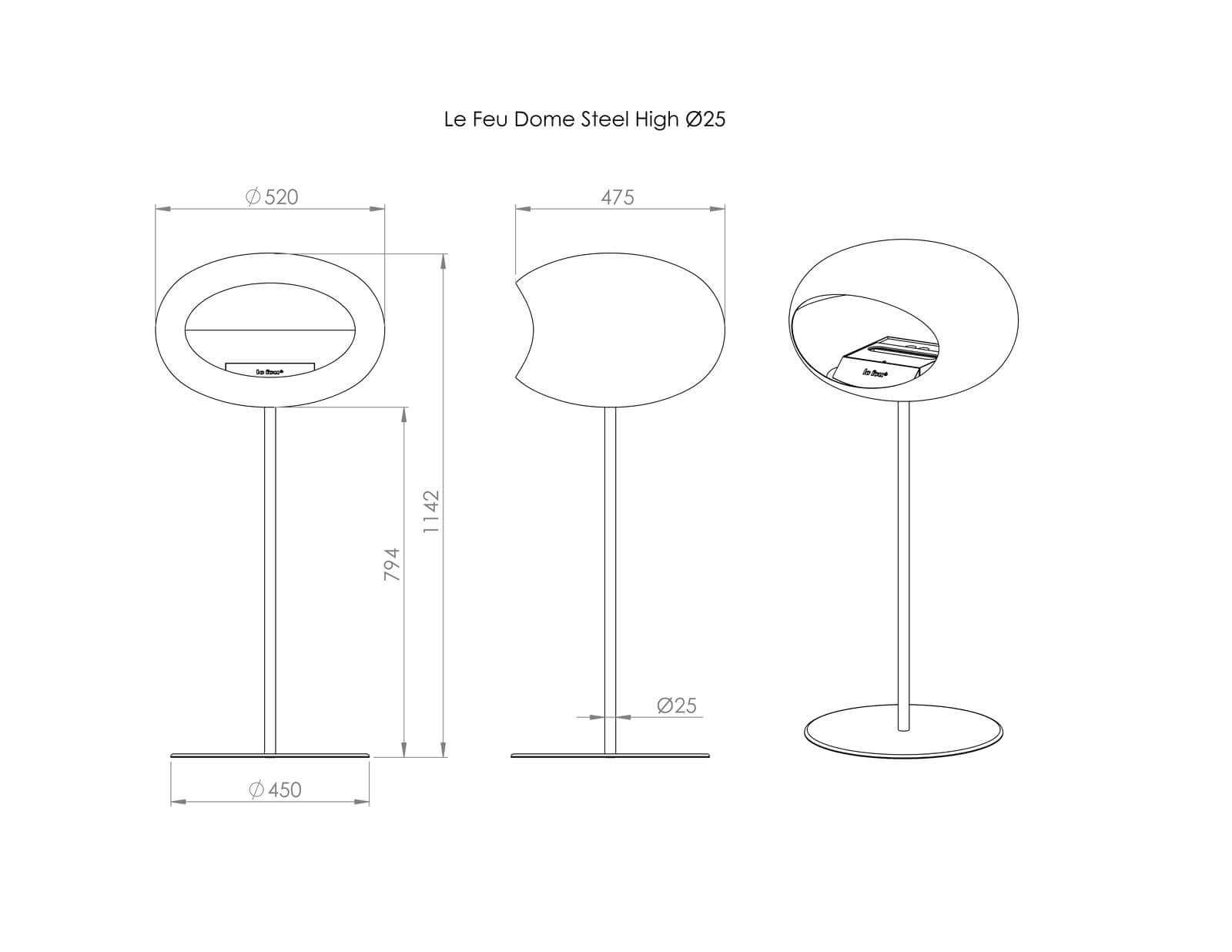 Technical drawing of Le Feu Dome High Steel bioethanol fireplace with dimensions and design details.