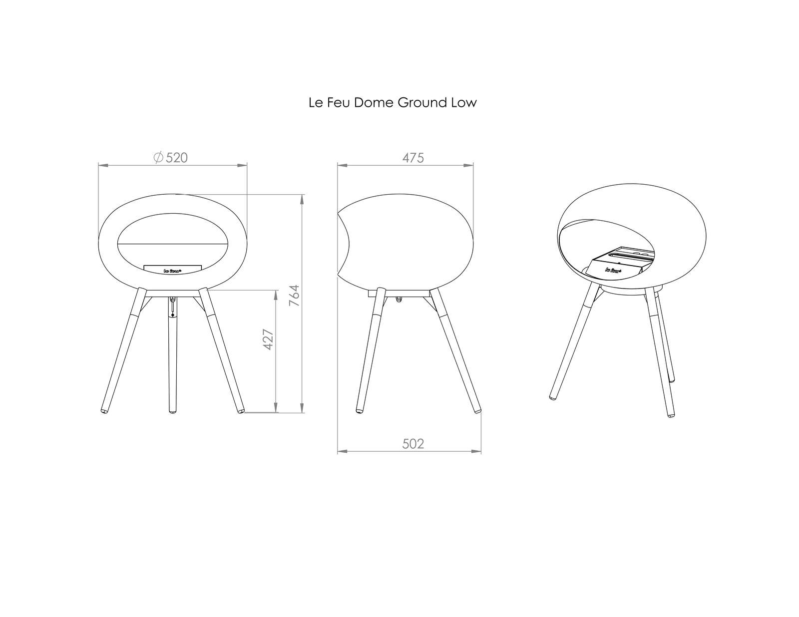 Technical drawing of Le Feu Dome Ground Low Bioethanol Fireplace with dimensions and design features.