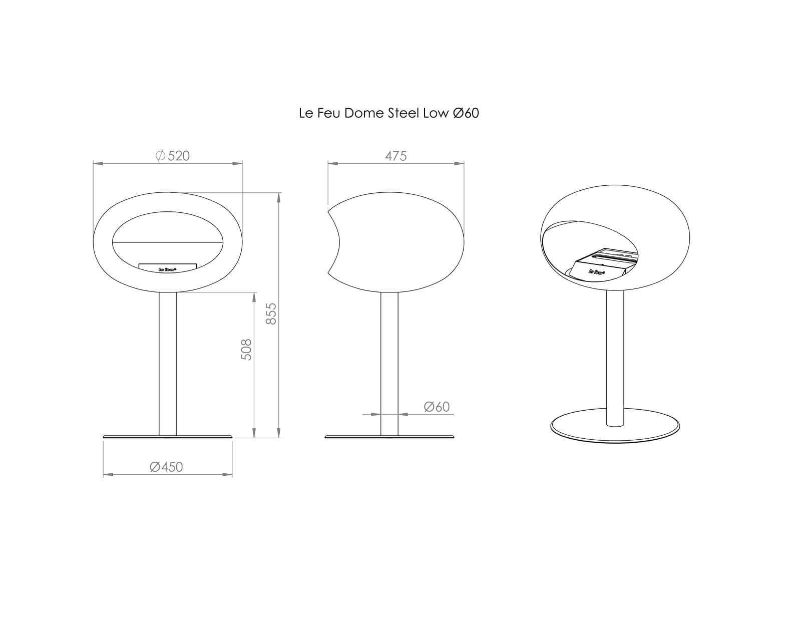 Technical drawing of Le Feu Dome Steel Low bioethanol fireplace with dimensions.
