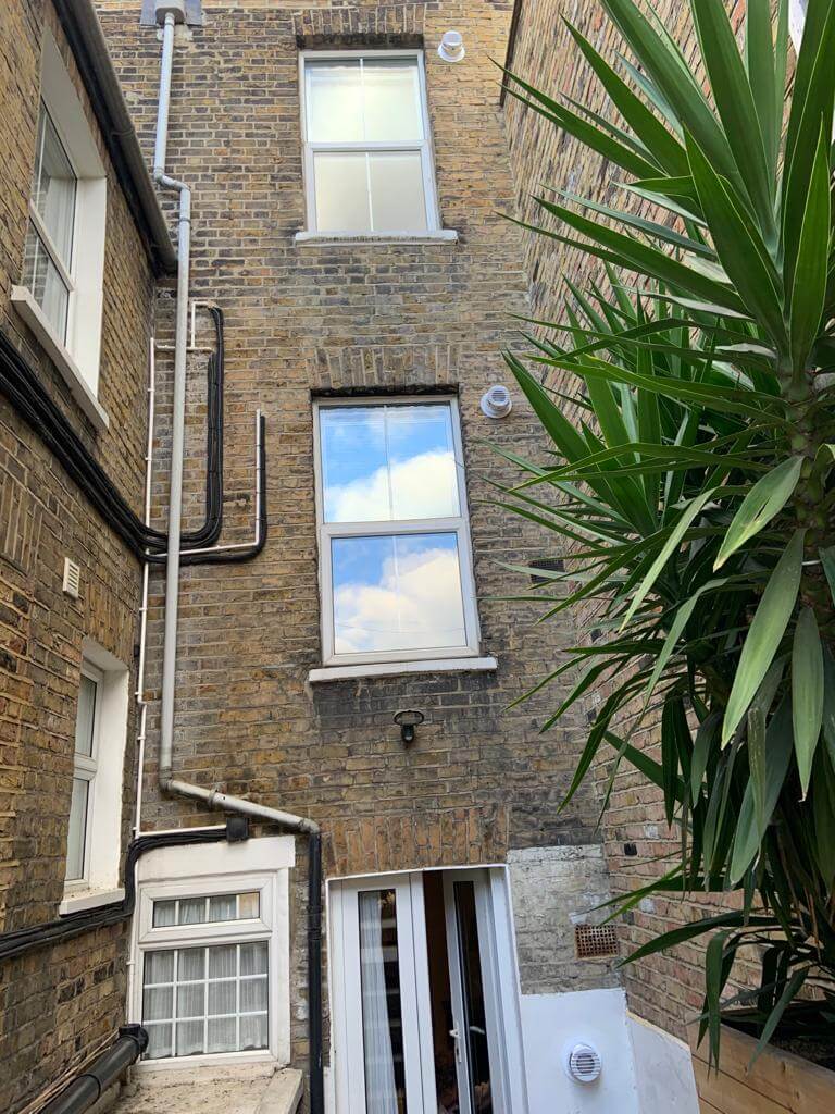 Exterior view of a residential building with windows and a door, featuring a potted plant in the foreground.