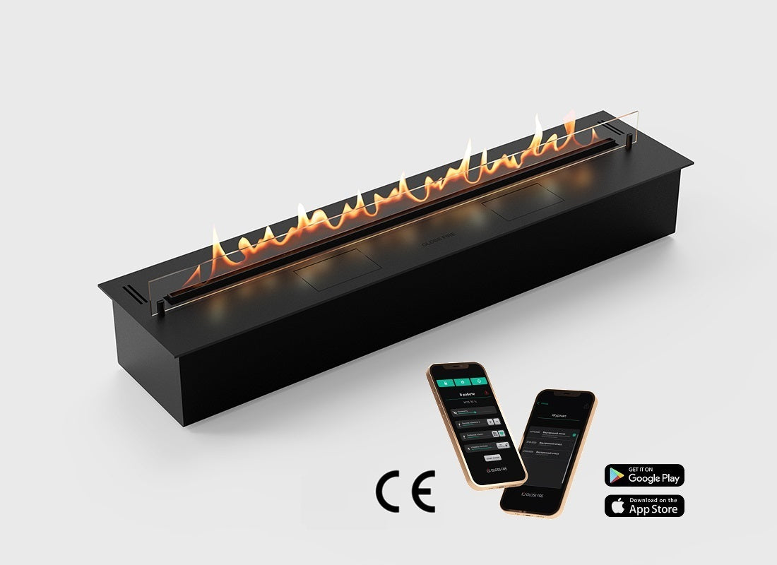 Automatic bioethanol fireplace DALEX 1400 plus with smartphone control and remote access, featuring adjustable flame height.