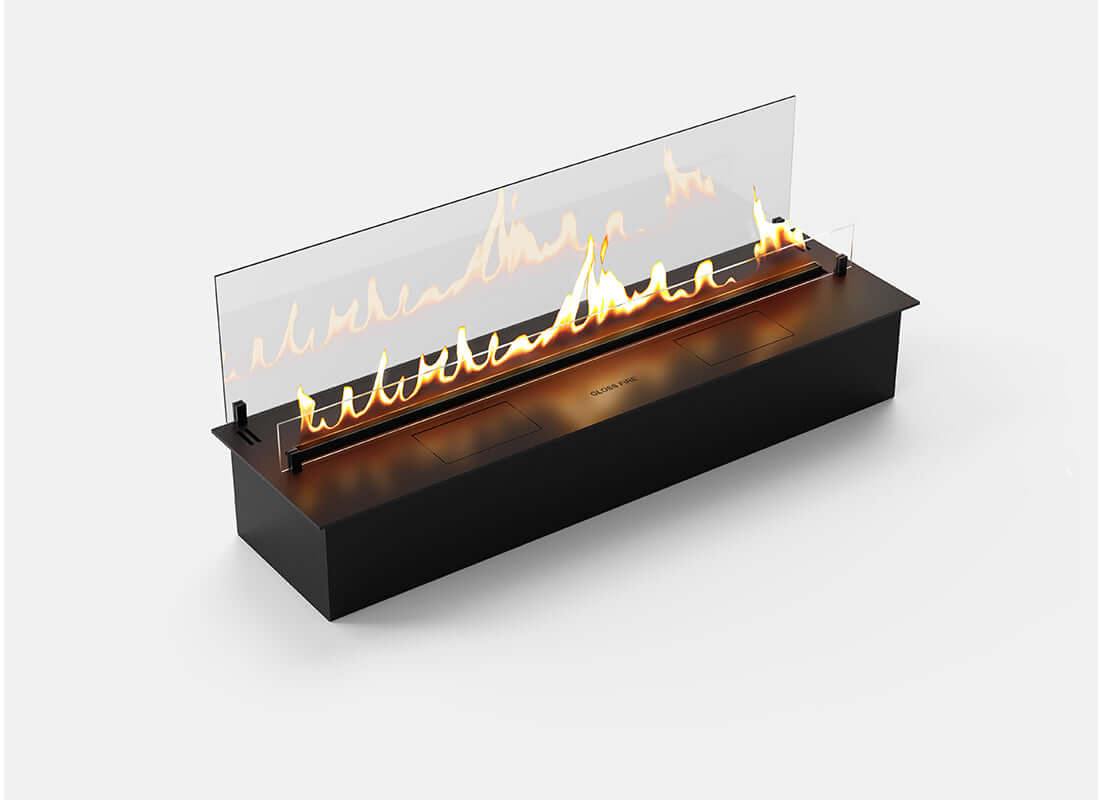 Automatic bioethanol fireplace DALEX C2-250 Black with flames and protective glass, showcasing modern design.