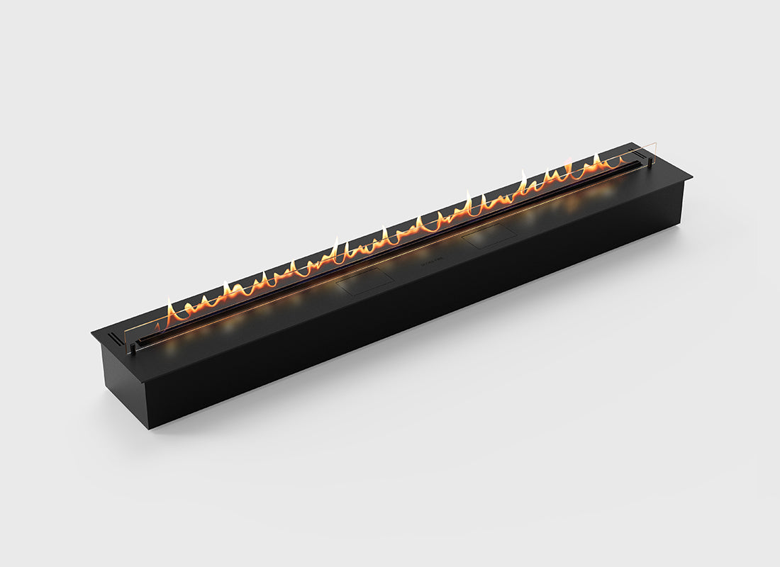 Automatic bioethanol fireplace DALEX 1900 with flames, sleek design and advanced safety features.