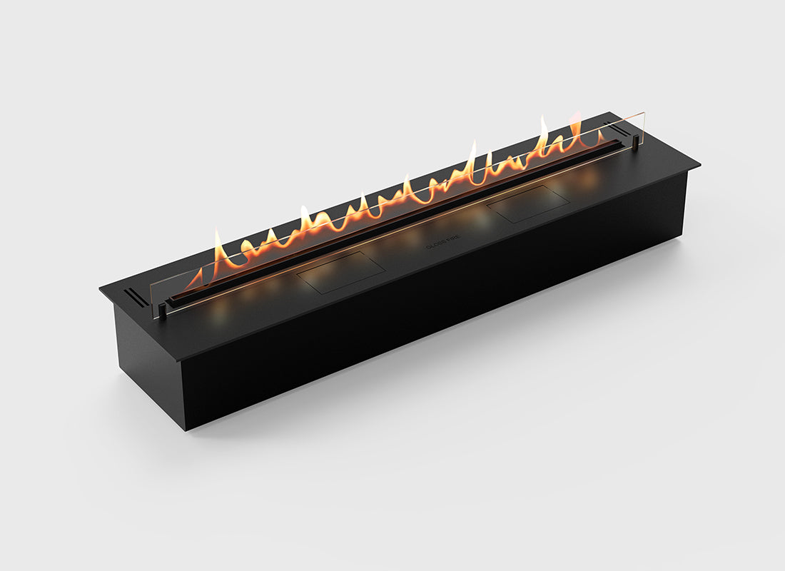 Automatic bioethanol fireplace DALEX 1200 with vibrant flames and sleek design, 1200mm long, safe and remote-controlled.