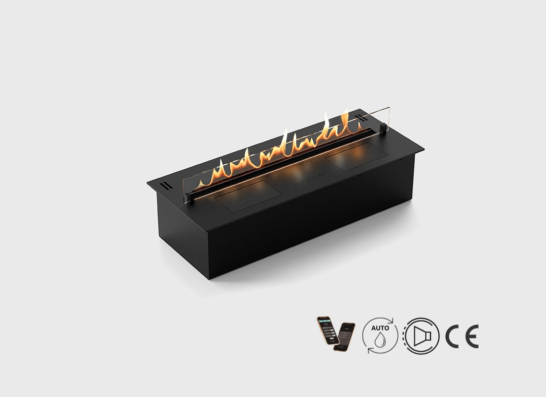Automatic bioethanol fireplace DALEX 2500 plus with adjustable flame and remote control features.