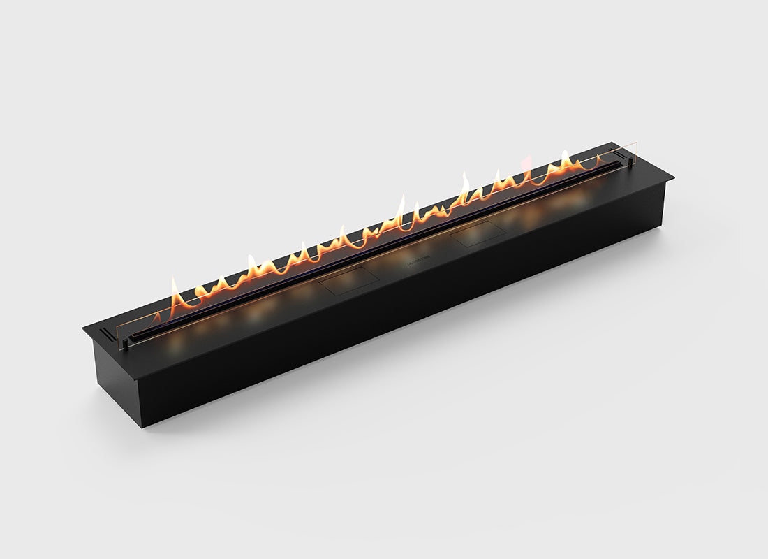 Automatic bioethanol fireplace DALEX 1800 with vibrant flames, modern design, and electronic control features.
