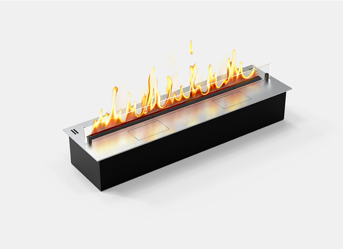 Automatic bioethanol fireplace DALEX 1400 with vibrant flames and sleek steel design.