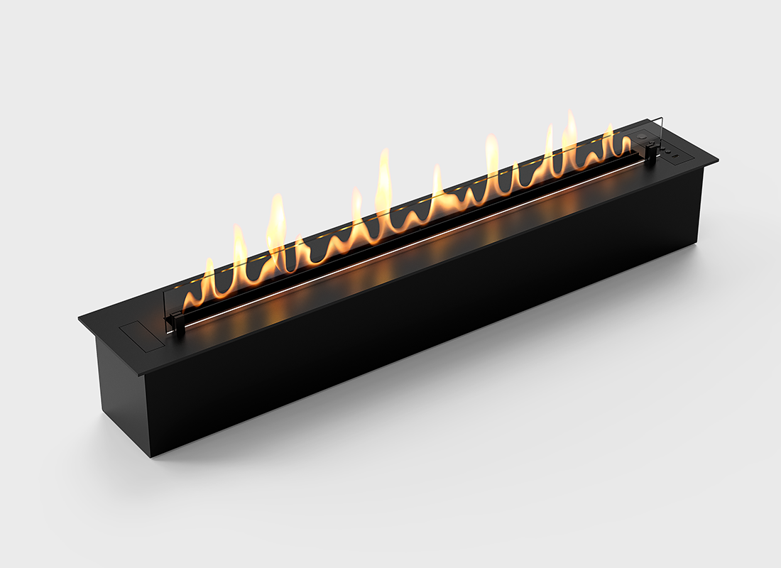 Automatic bioethanol fireplace DALEX 1100 Slim showcasing a sleek design with flames, ideal for narrow spaces.