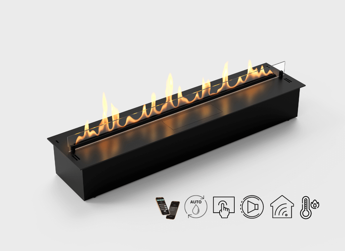 Automatic bioethanol fireplace DALEX Touch 1000 with flame display and smart control features.