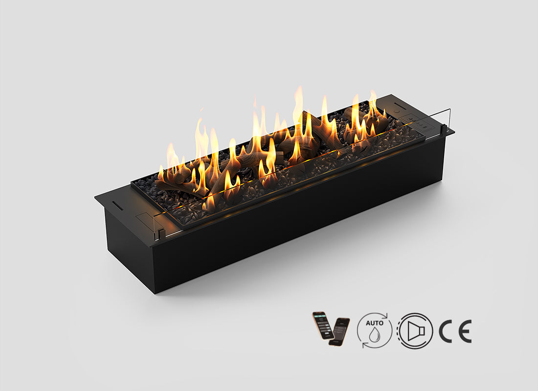 Automatic bioethanol fireplace DALEX 1000 Decor with flames, remote control, and safety features.