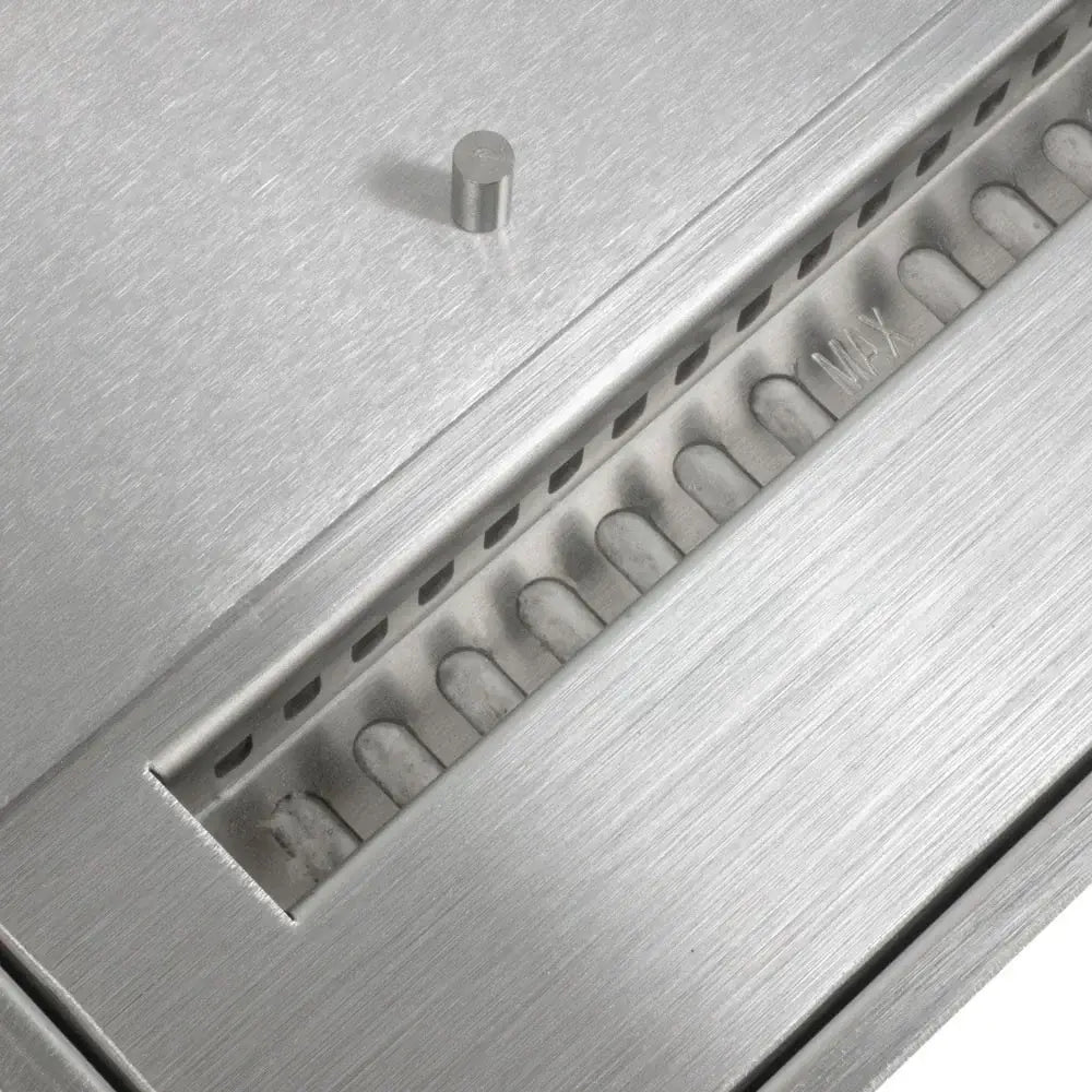 Close-up of the stainless steel surface of the Deluxe Bio Burner with fuel adjustment features.