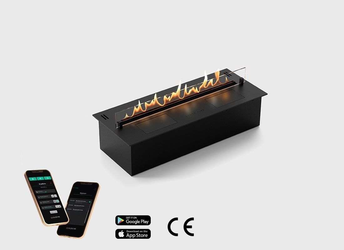Automatic bioethanol fireplace DALEX 800 plus with mobile app control and stylish design.