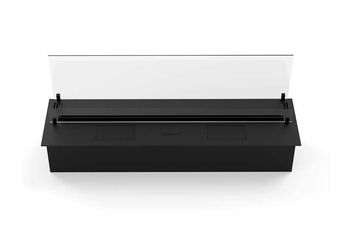 Automatic bioethanol fireplace DALEX C2-250 Black with protective glass and electronic controller features.