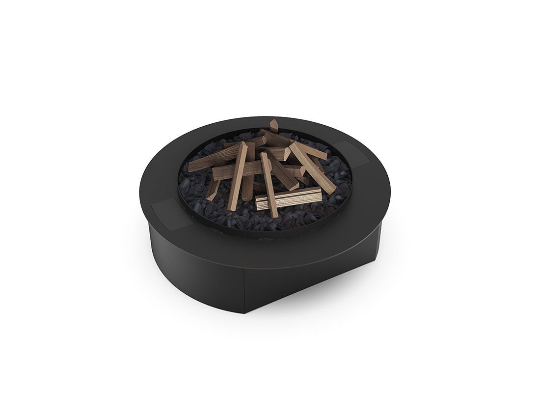Automatic bioethanol fireplace DALEX Radius 600 with ceramic firewood and decorative stones, Ø 600 mm, modern design.