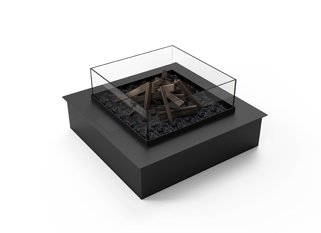 Automatic bioethanol fireplace DALEX Quadrat 600 with glass shield, metal design, and realistic flame effect.