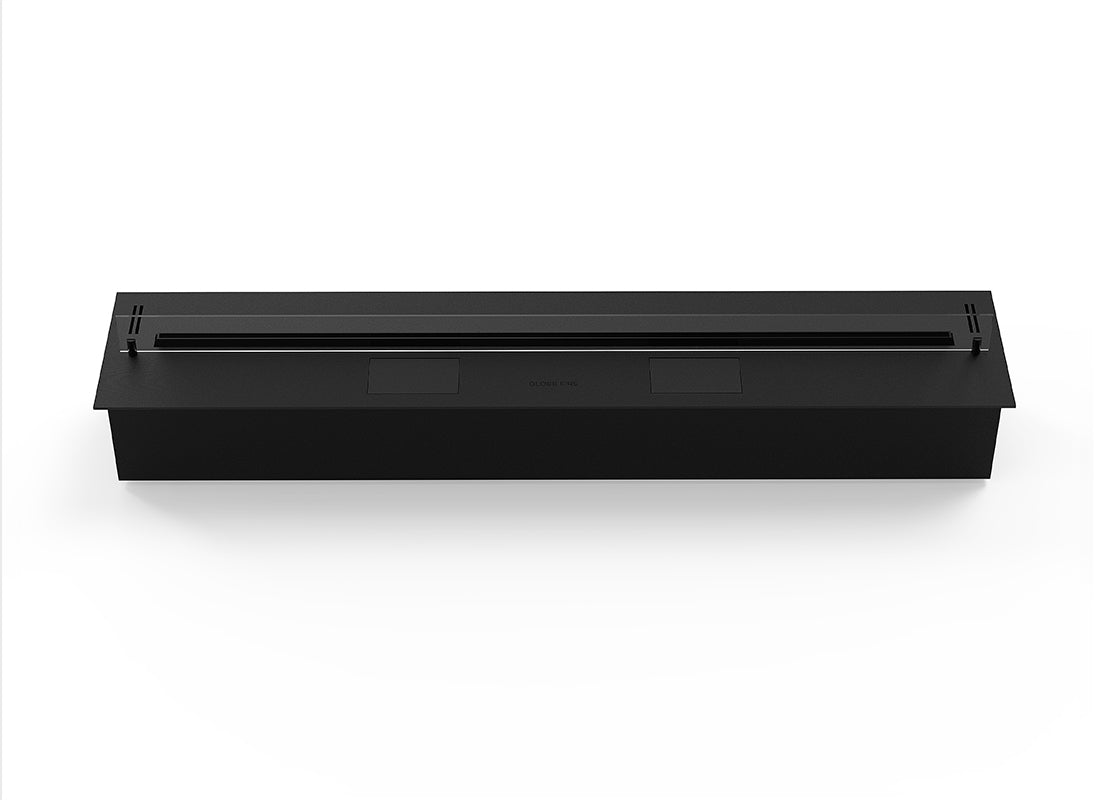 Automatic bioethanol fireplace DALEX 1400, sleek black design, measuring 1400mm x 205mm x 280mm, modern and efficient.