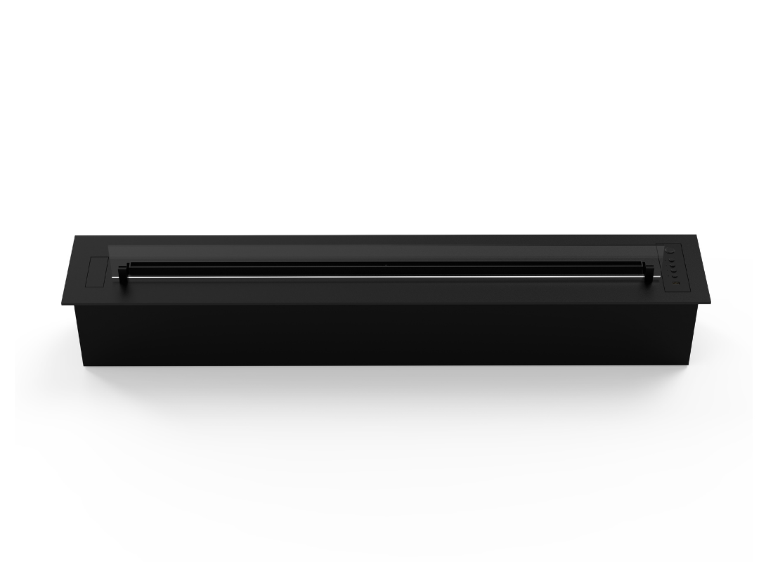 Automatic bioethanol fireplace DALEX 1100 Slim in sleek black finish, ideal for narrow wall installations.