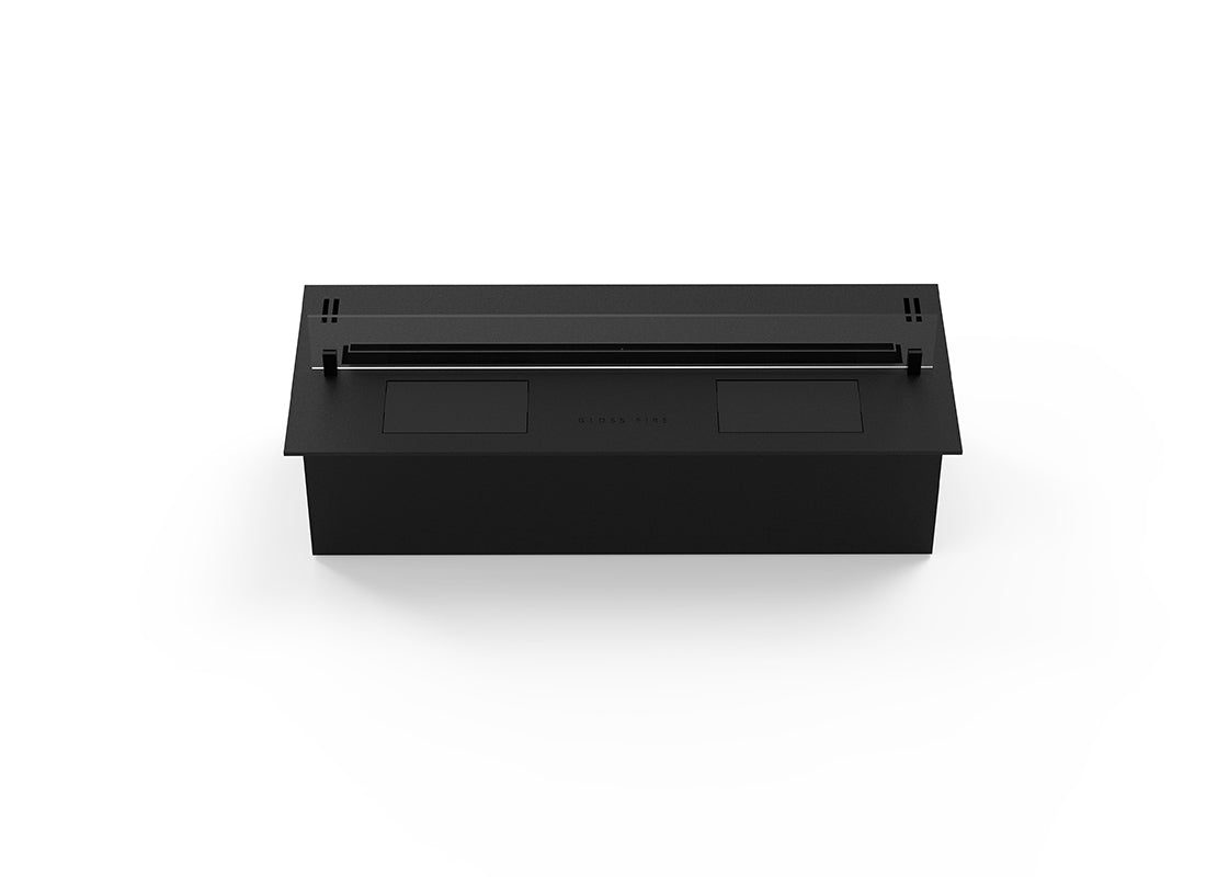 Automatic bioethanol fireplace DALEX 900 plus, sleek black design for modern interiors, remote control and smartphone compatible.