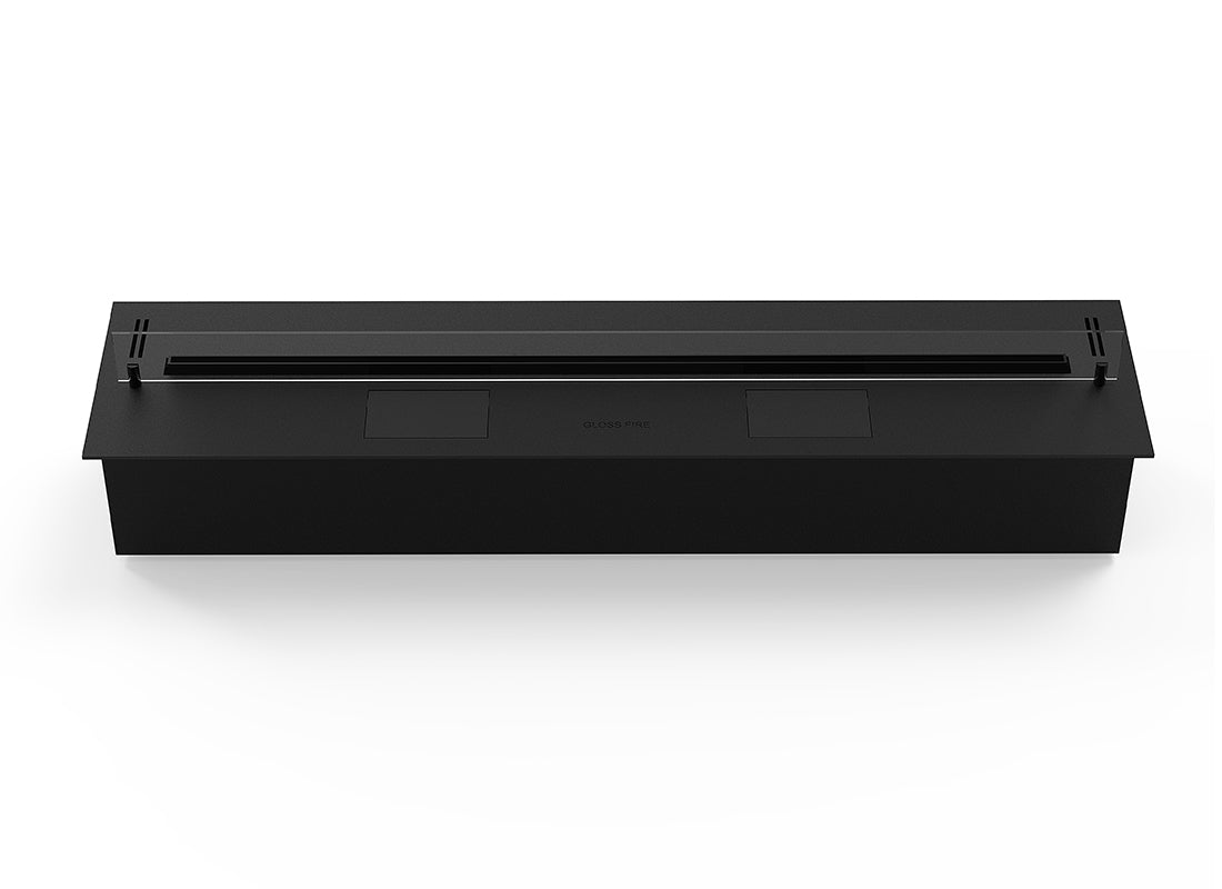 Automatic bioethanol fireplace DALEX 1200, sleek black design with control panel and safety features.