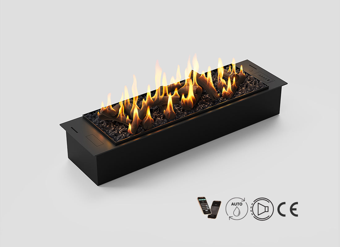 Automatic bioethanol fireplace DALEX 1000 Decor with stylish flames and black finish.