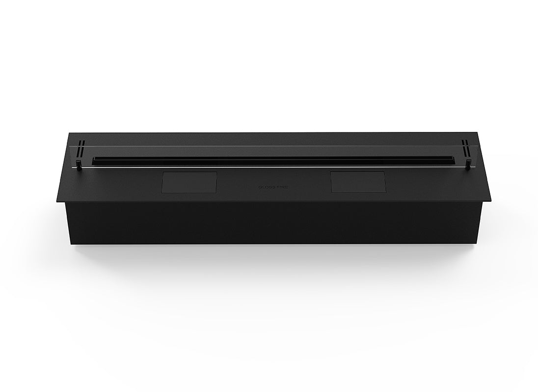 Automatic bioethanol fireplace DALEX 1100 in black, showcasing sleek design and modern technology for home heating.