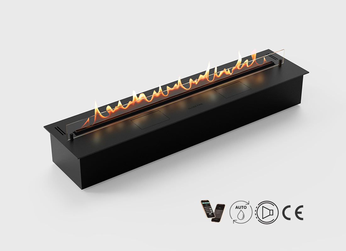 Automatic bioethanol fireplace DALEX 2500 plus with remote control, mobile app, and adjustable flame height.