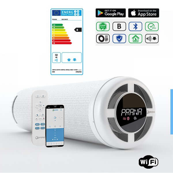 PRANA 160 MINI heat recovery ventilator with remote control and app interface for energy-efficient ventilation.