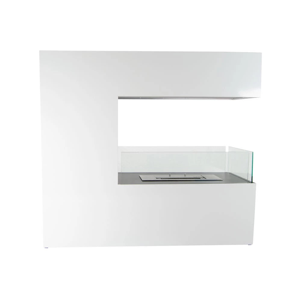 Topeka White Powder Coated Steel Biofireplace with glass tiles and open flame view.
