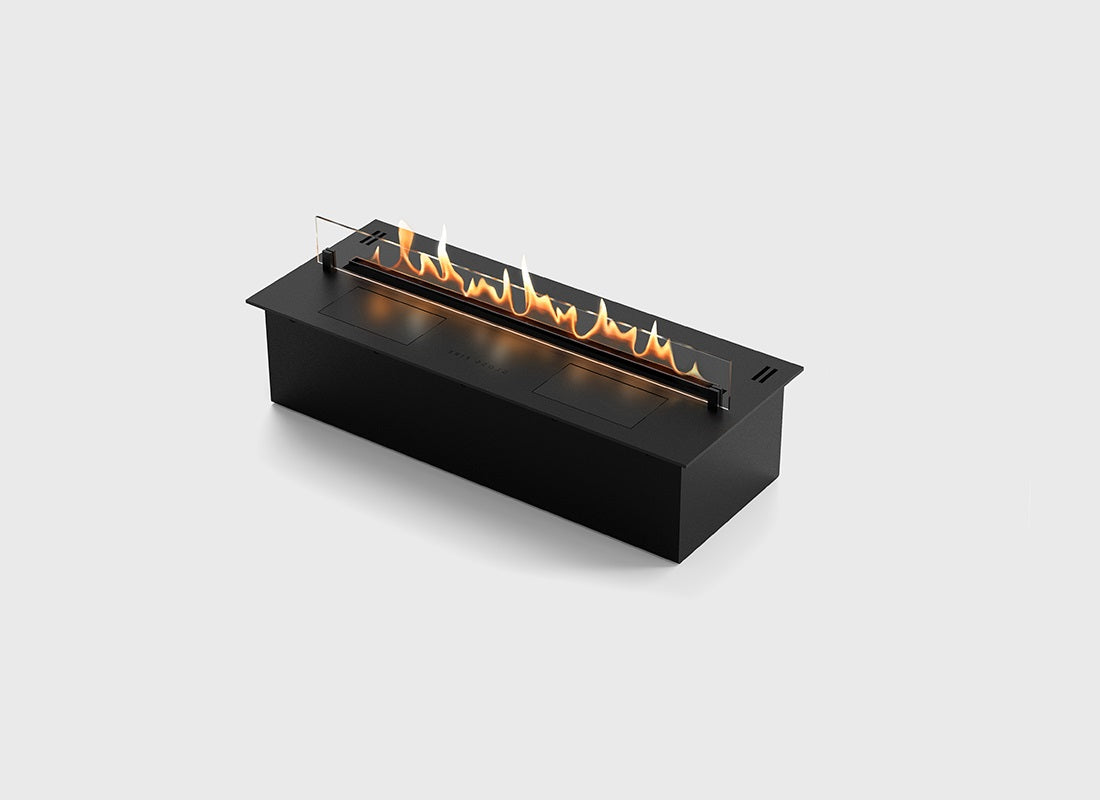 Automatic bioethanol fireplace DALEX 700 with a modern design and flames visible through glass.