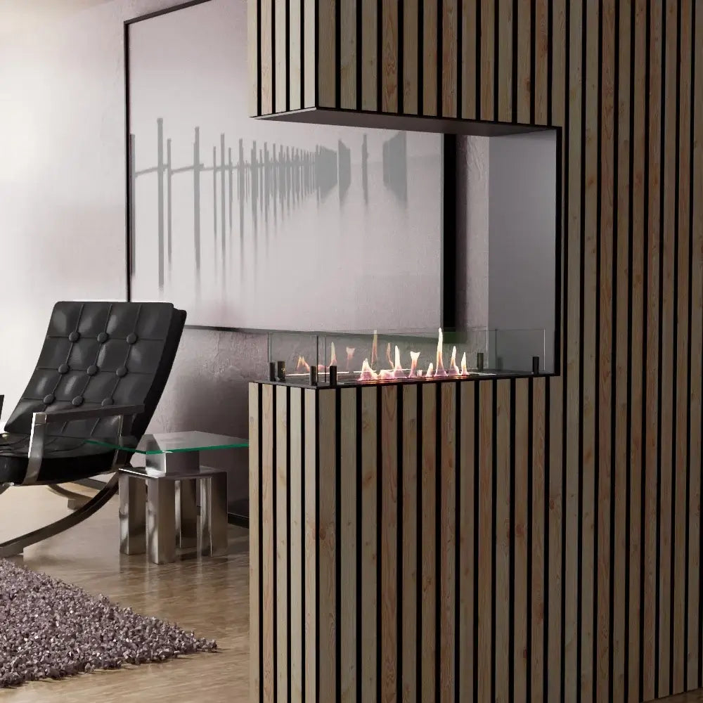 Modern bioethanol fireplace insert as a room divider, featuring a sleek design and three-sided flame view.
