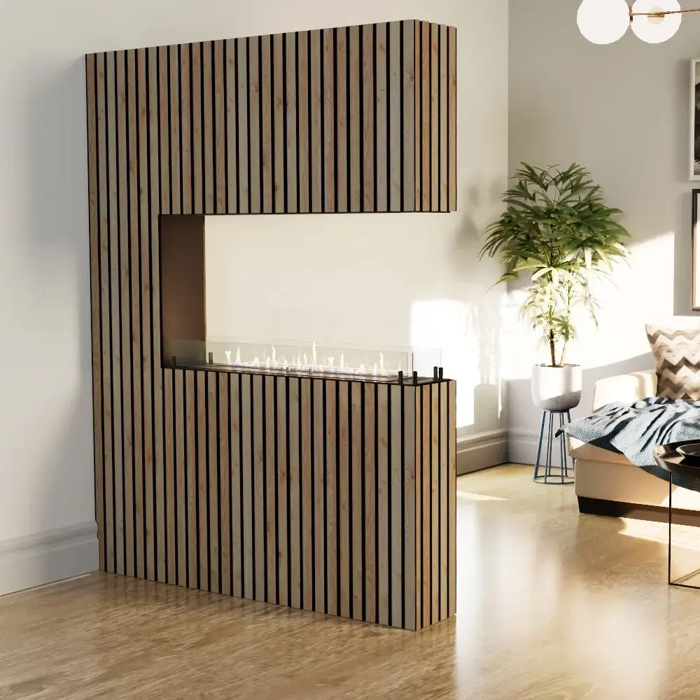 Modern bioethanol fireplace room divider in stylish wooden design, offering three-sided flame view.