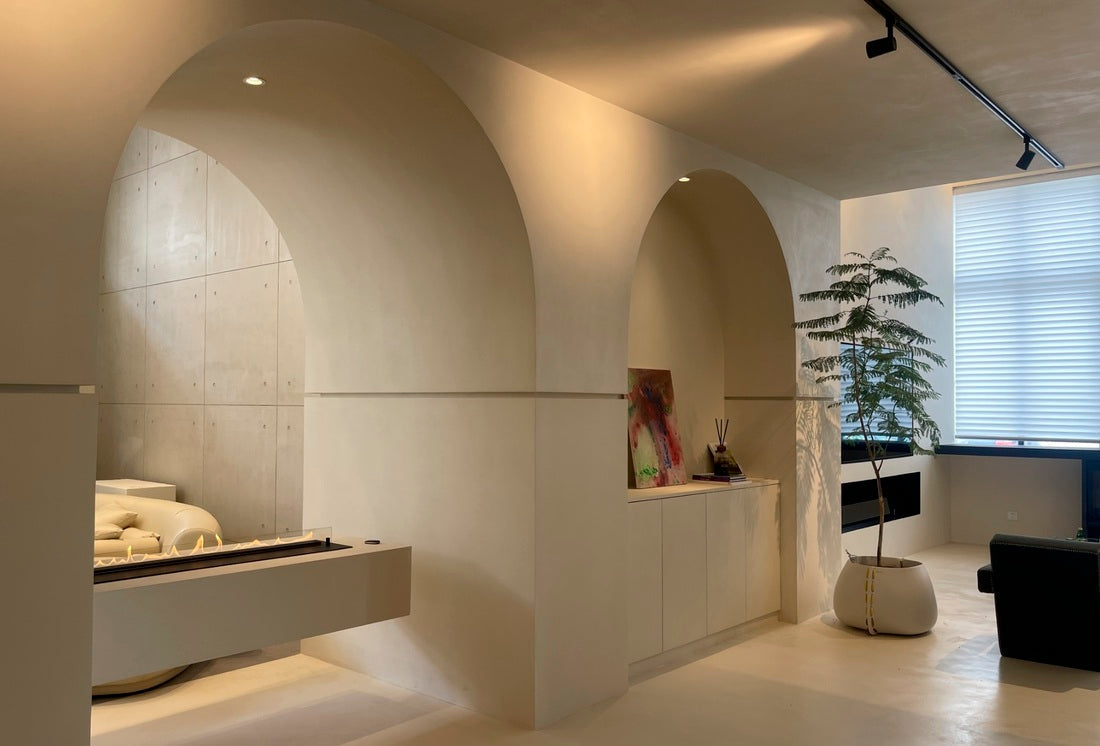 Modern interior featuring minimalist arches, a potted plant, and artistic decor in a sleek living space.