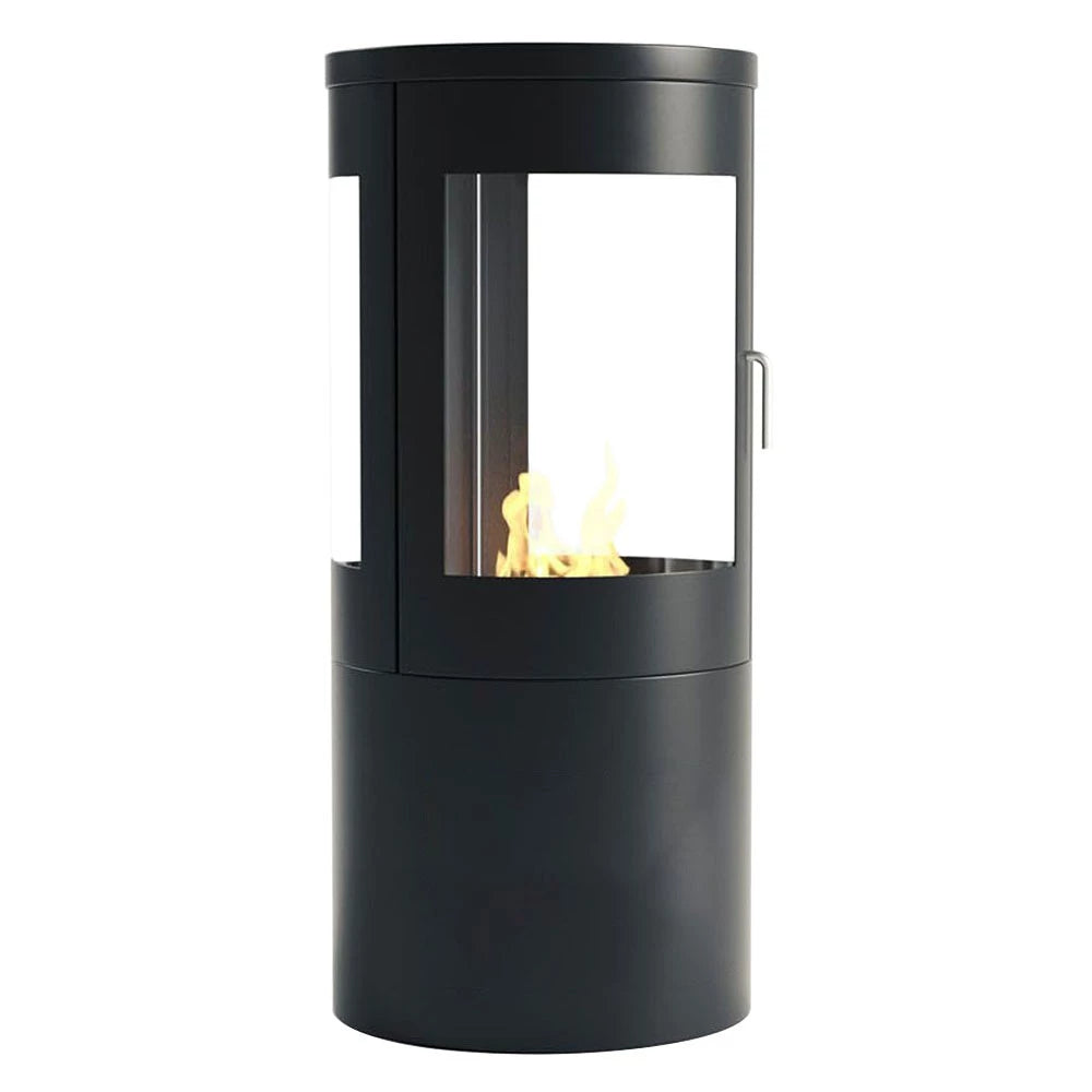Columbus bioethanol stove with 360-degree view, featuring curved glass panels and visible flames.