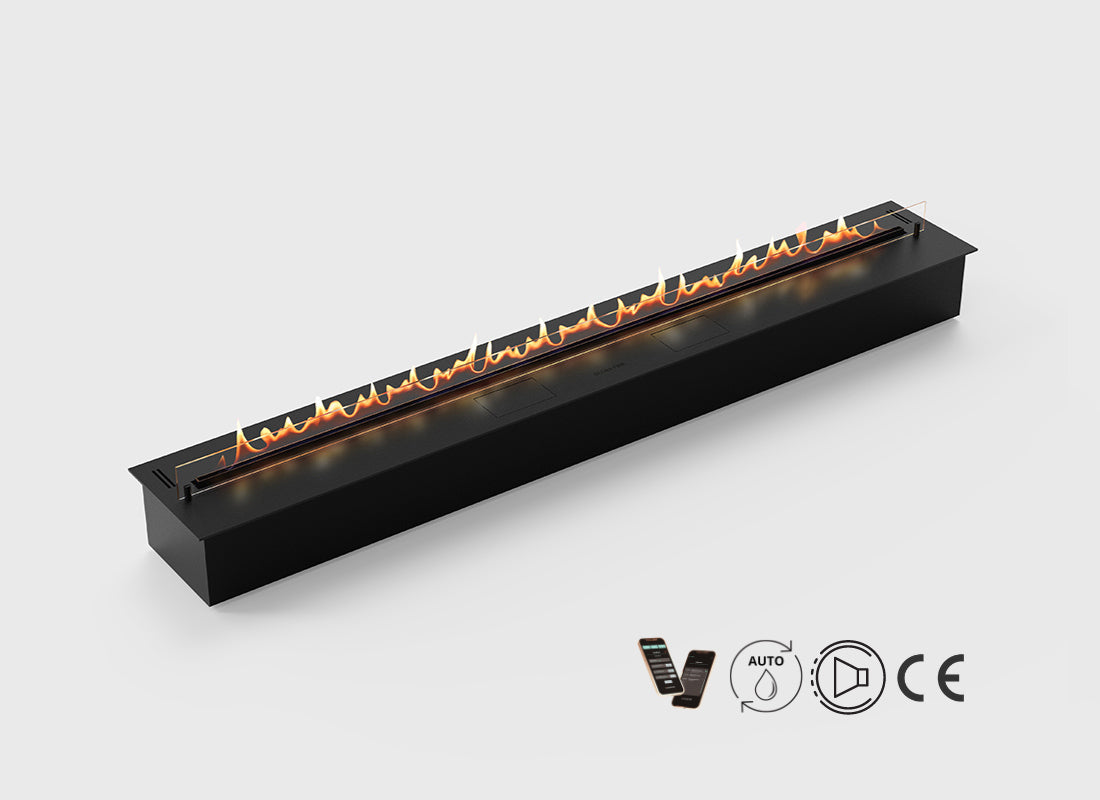 Sleek DALEX 2500 plus automatic bioethanol fireplace with remote control and flame modulation features.
