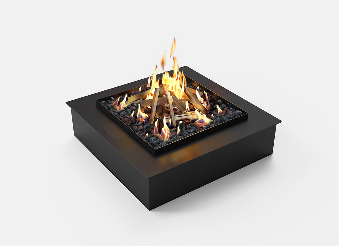 Automatic bioethanol fireplace DALEX Quadrat 600 with flames and black metal design for modern decor.