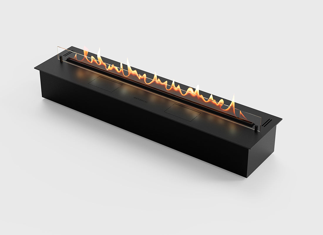 Automatic bioethanol fireplace DALEX 1200 with flames, sleek black design, remote control and safety features