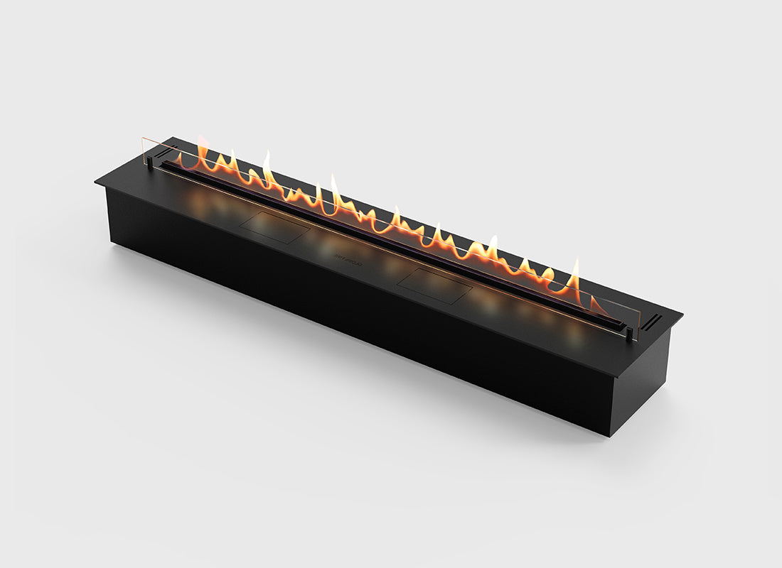 Automatic bioethanol fireplace DALEX 1400 with vibrant flames and sleek design, ideal for modern interiors.
