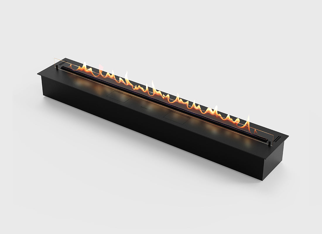 Automatic bioethanol fireplace DALEX 1700 with flames, showcasing modern design and advanced safety features.