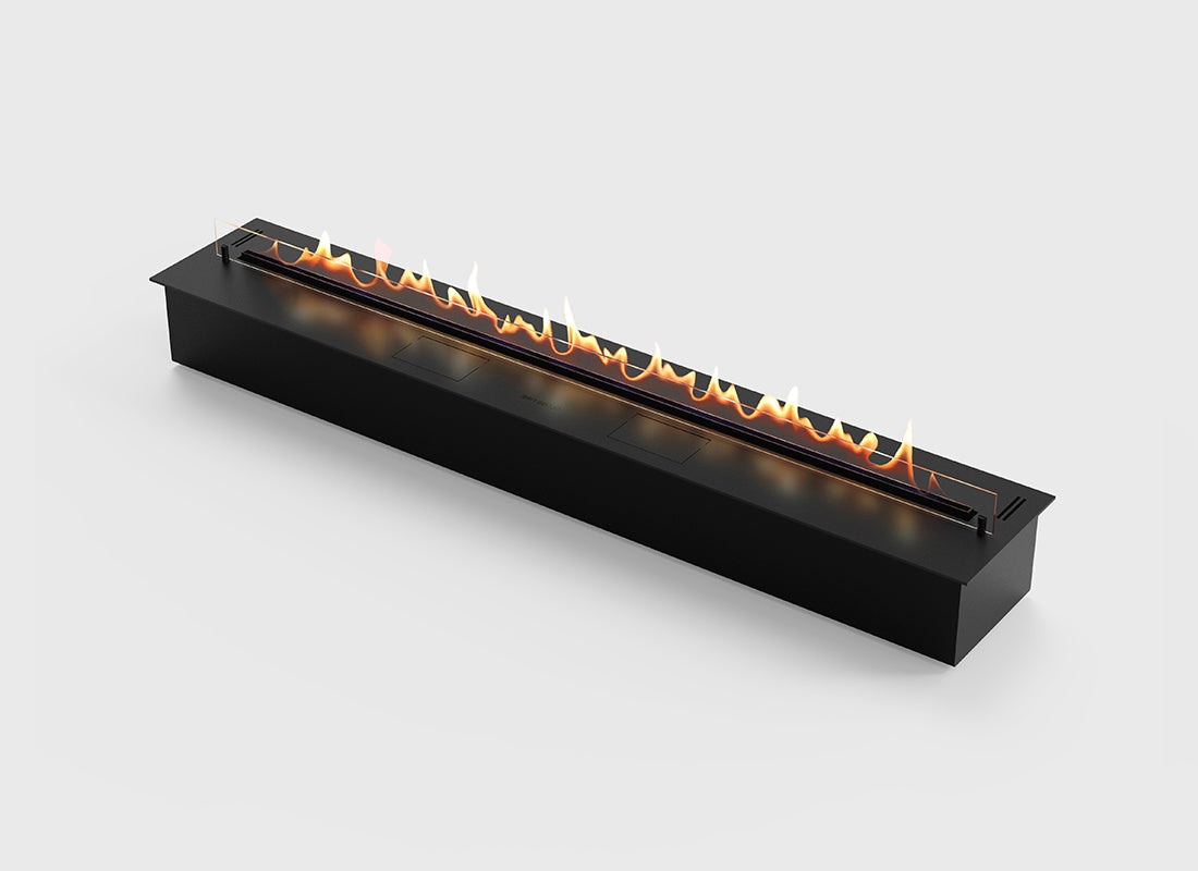 Automatic bioethanol fireplace DALEX 1600 with flames visible, showcasing modern design and advanced safety features.