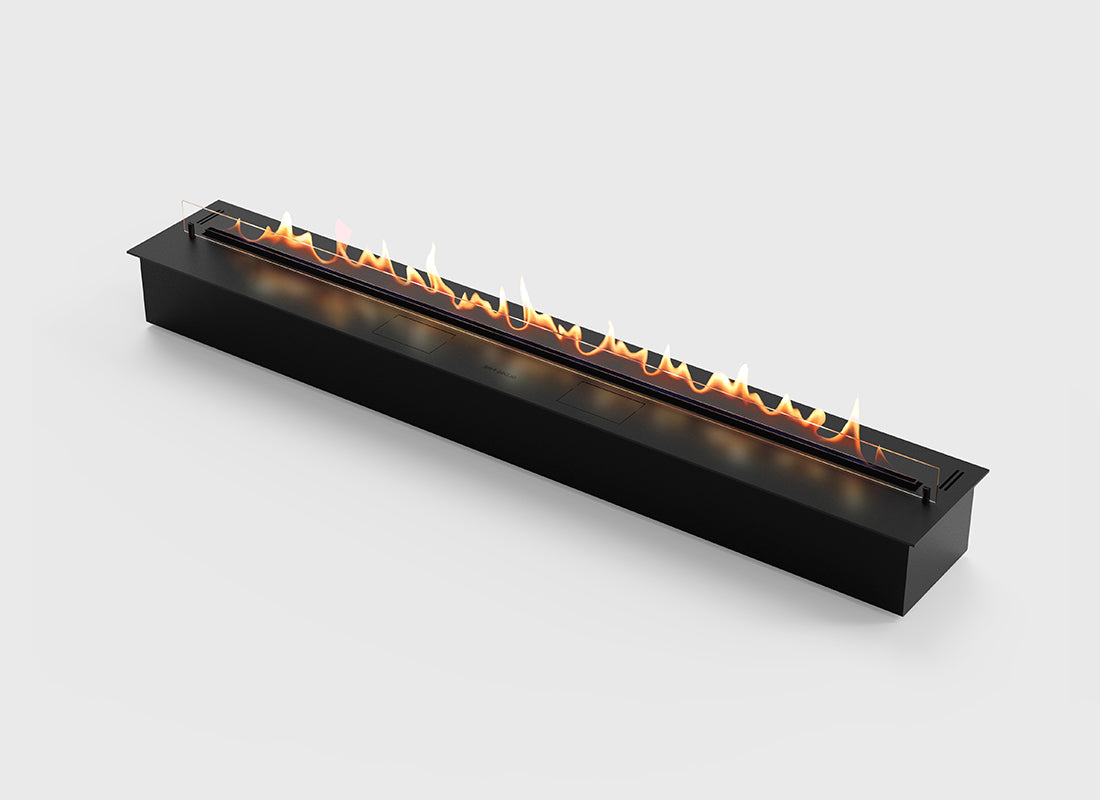 Automatic bioethanol fireplace DALEX 1800 with flames, modern design, remote control, and safety features.