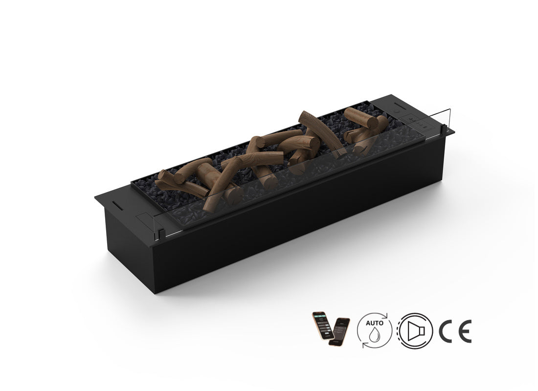 Automatic bioethanol fireplace DALEX 1000 Decor with ceramic firewood and black finish.
