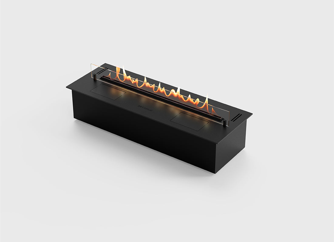 Automatic bioethanol fireplace DALEX 800 with flames visible, modern design and electronic control system.