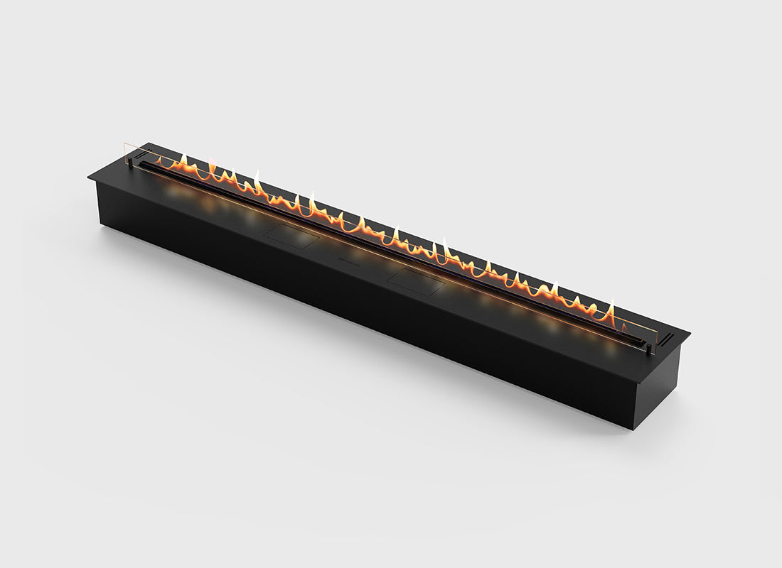 Automatic bioethanol fireplace DALEX 1900, sleek design with flame effect, remote control and safety features.