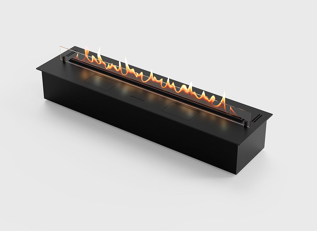 Automatic bioethanol fireplace DALEX 1100 with flames, featuring modern design and mechanical control system.