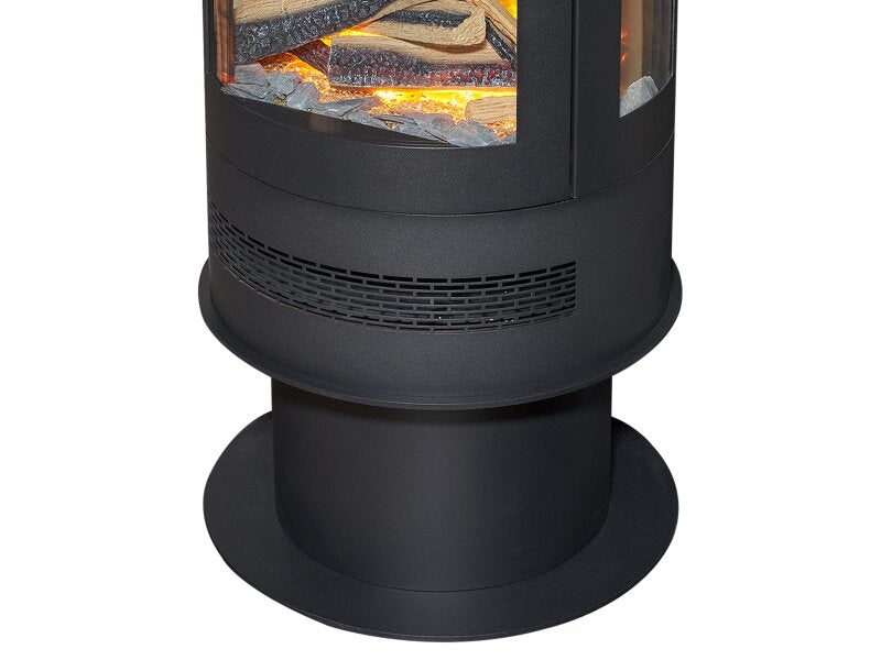 Close-up of Acantha Orbit Cylinder Electric Stove base in black with realistic log set and glowing flame effect.