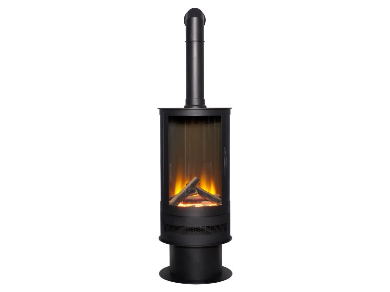 Acantha Orbit Cylinder Electric Stove in Black with Tall Angled Stove Pipe in Black