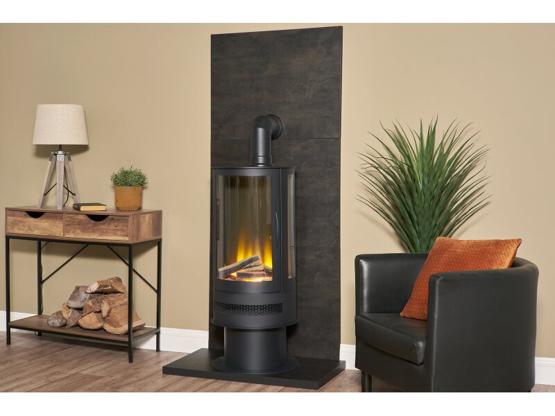 Acantha Orbit Cylinder Electric Stove in Black with Tall Angled Stove Pipe in Black